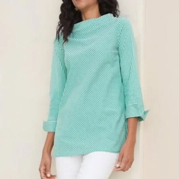 Chico's Poplin Shirt Size 3 Mock Neck Green Stripe NWOT - Picture 2 of 13